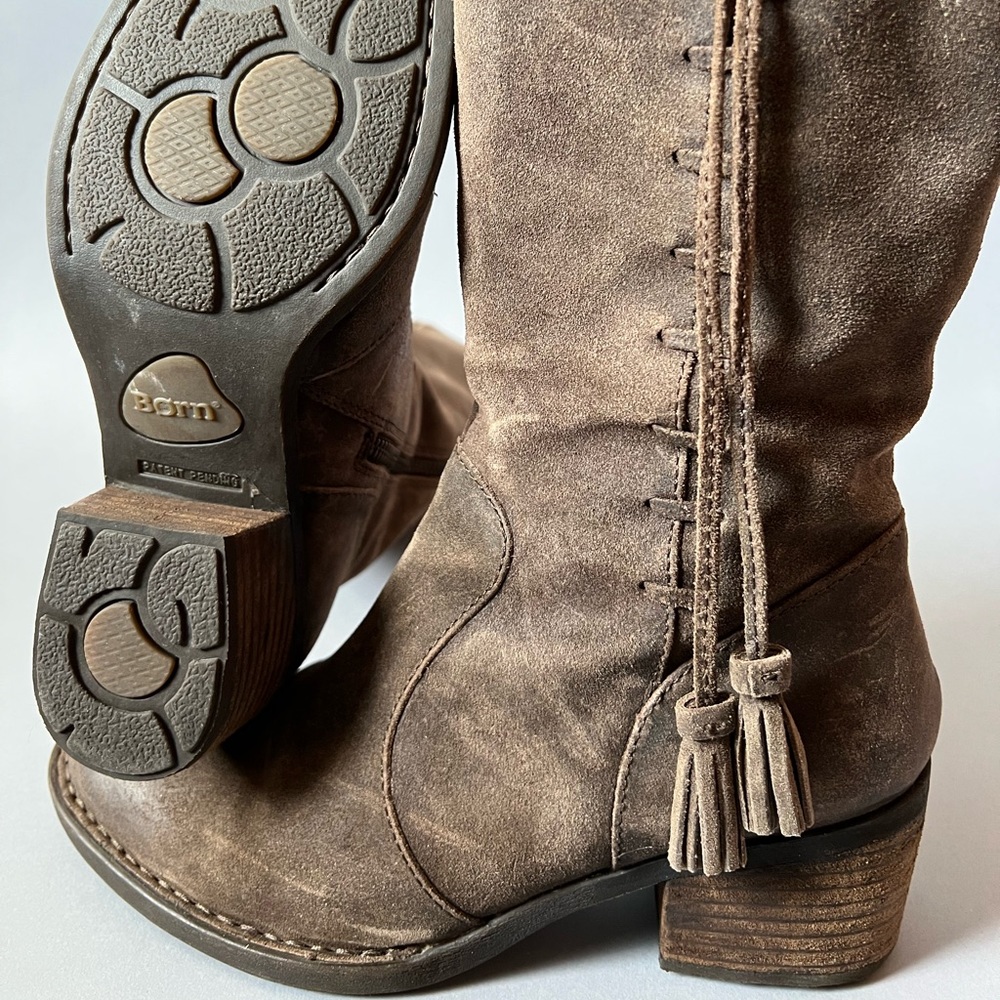 Born Mid-Calf Distressed Taupe Suede Leather Boots - Tassels Women’s Size 6.5.